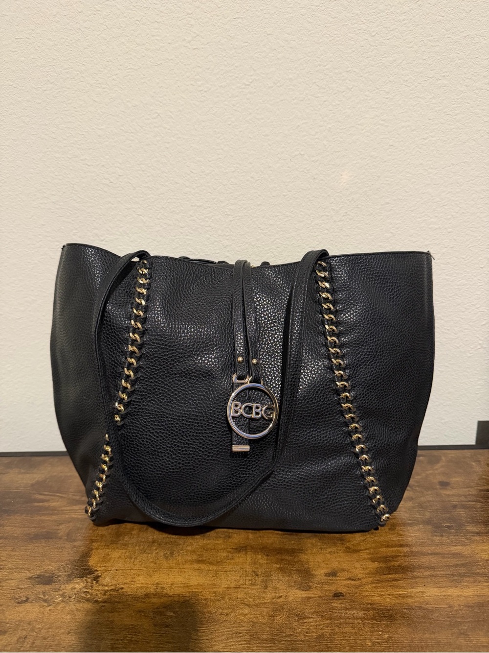 BCBG Black Leather Tote with Gold Chain Accents